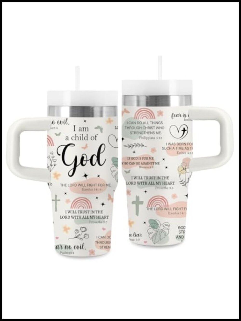 14 oz Stainless Steel Insulated Tumbler Handle Straw Christian